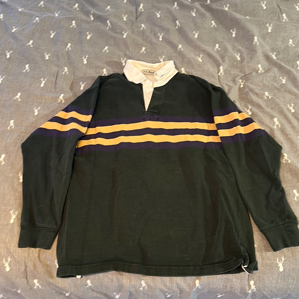 Ll bean large rugby style shirt. Green with navy and yellow stripes.